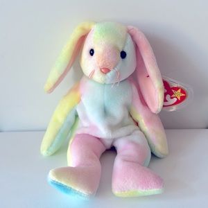 Ty Beanie Baby HIPPIE the Pastel Tye-Dye Bunny Rabbit 1998 Pink Blue Yellow EUC